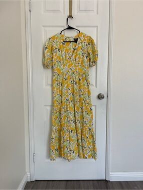 Yellow Floral V-Neck Midi Dress
